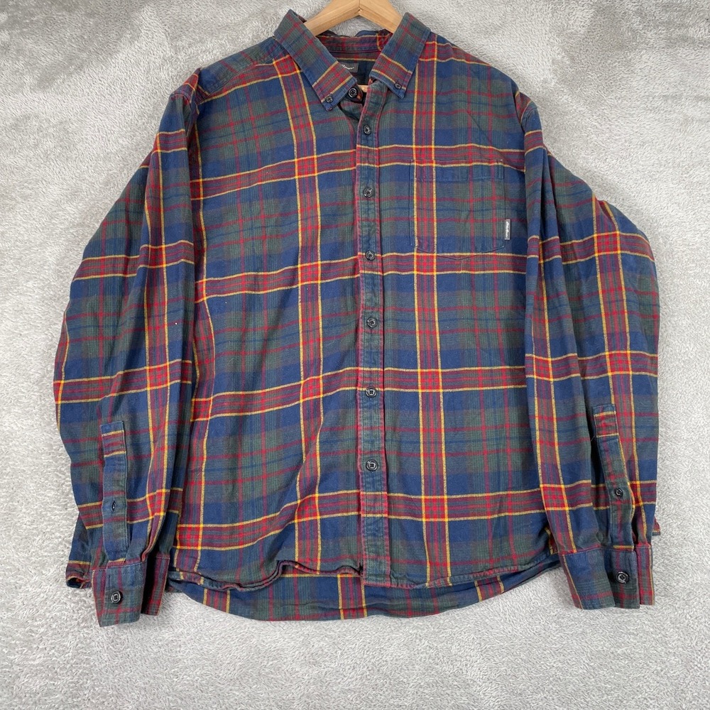 Eddie Bauer Flannel Shirt Mens 2XL Blue Red Yellow Plaid Button Down Cotton